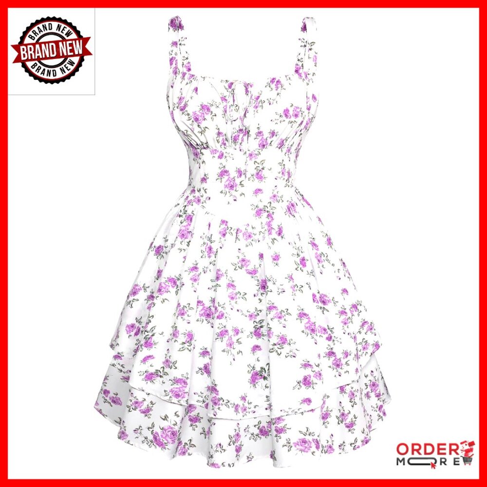 Floral Mini Corset Dress A-Line Sundress With Pockets Ruched Bust Tiered Hem